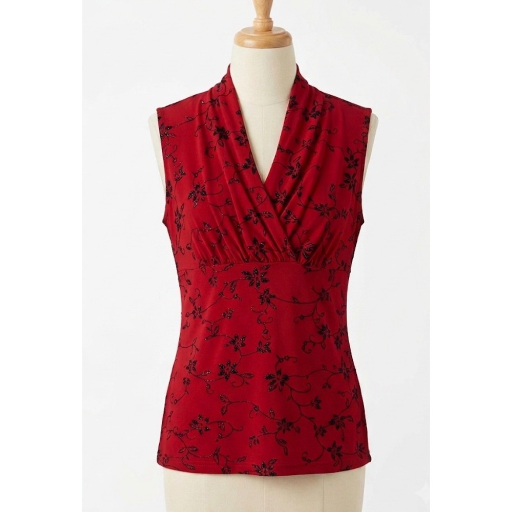 JKLA California Red Blk Floral Glitter Sleeveless Babydoll Top L Whimsigot
Y2K‎